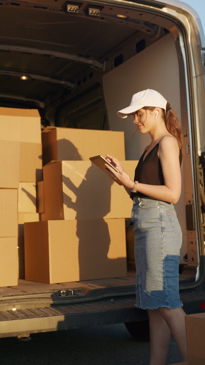 services-03 Young female courier organizing package delivery beside an open delivery van at sunset.
