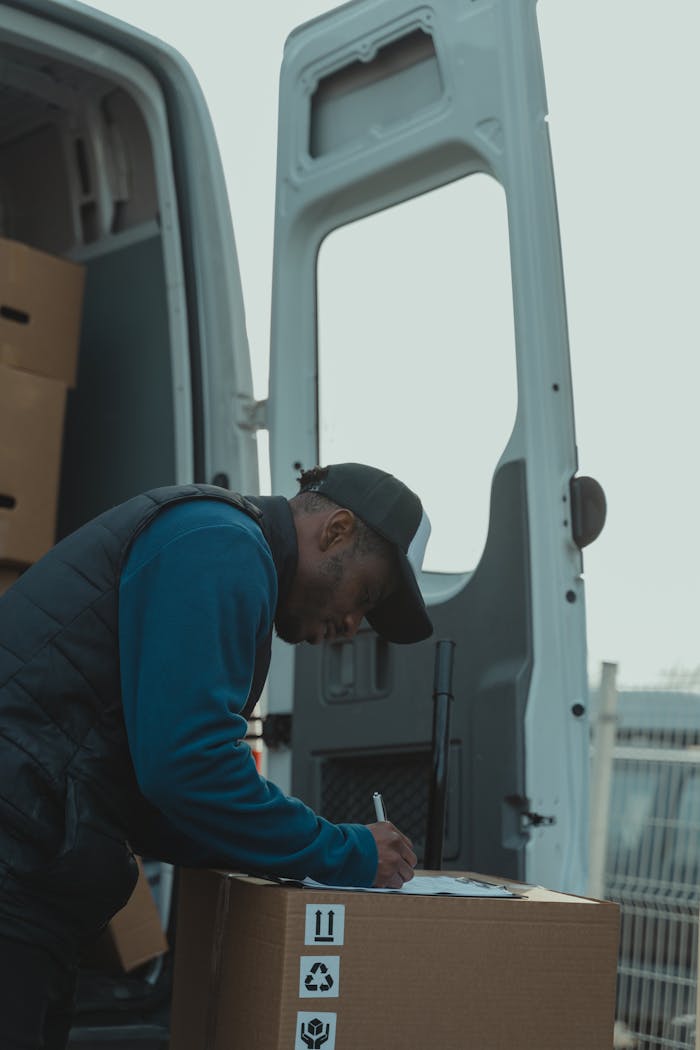 services-03 A delivery worker signs documents outside a parked van, managing logistics efficiently.